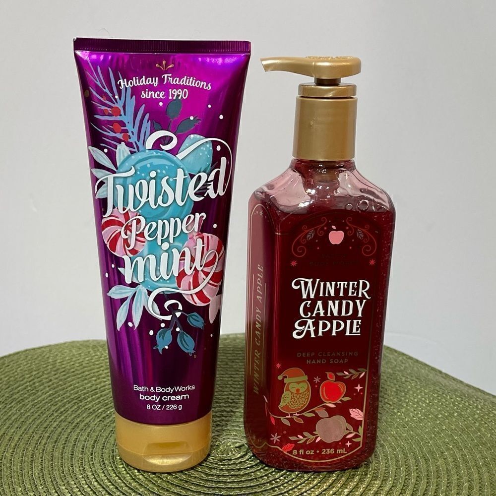 BBW Winter Candy Apple Hand Soap & Twisted Peppermint Body Cream NWT